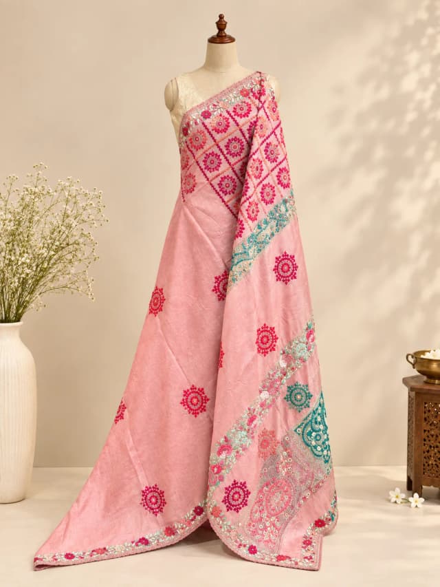 Pure Tussar Saree Kutch work Peach Colour AA318650