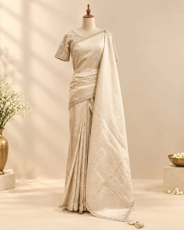 Banarasi Saree With Ready Blouse Cream AA321499