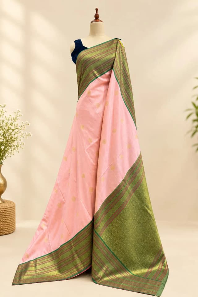 KADIYAL MIX SEMI SILK BABY PINK AND GREEN AS301000