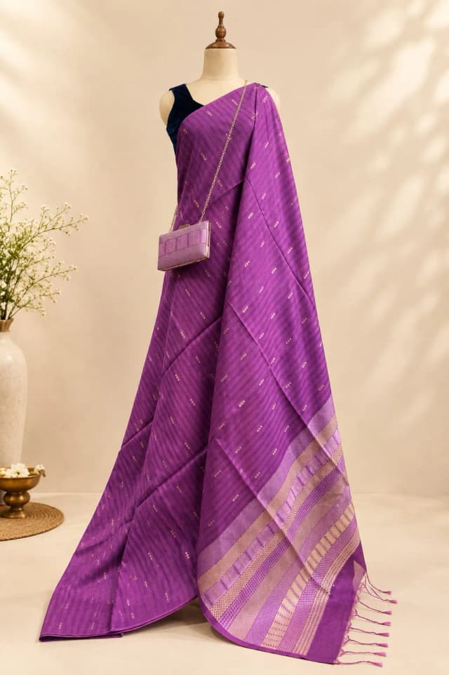 Semi Tussar Saree Royal Purple With Matching Clutch Bag AA322773