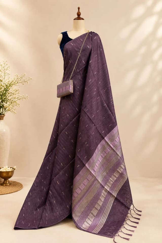 Semi Tussar Saree Wine With Matching Clutch Bag AA322773
