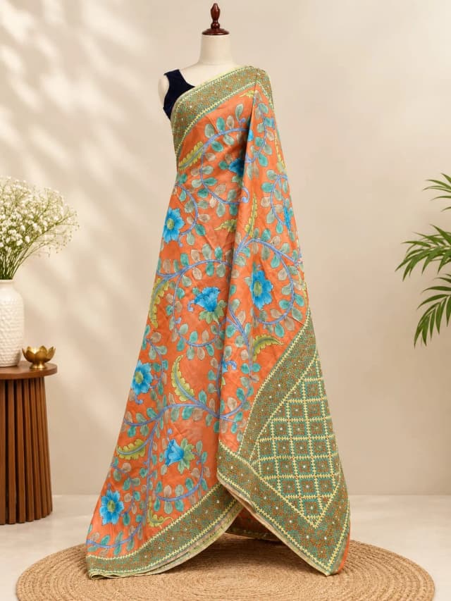 Pure Tussar Saree Saree Kutch Work Orange AA322218