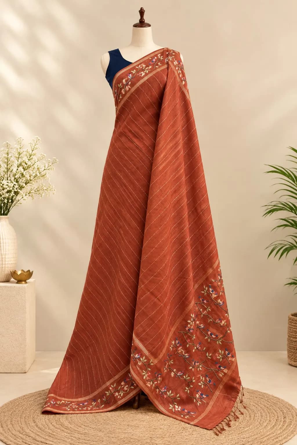 Tussar Saree Embroidery Work Rust Orange  AA320904