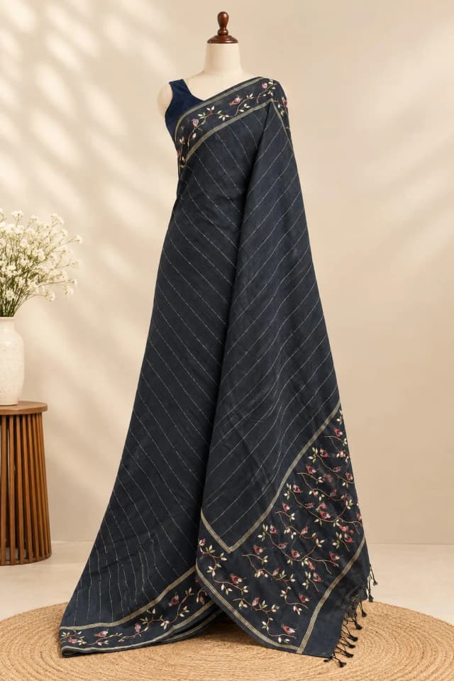Tussar Saree Embroidery Work Black AA320904