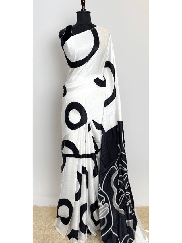 Satin Printed Aditya Birla Fabric - White & Black Colour - QS213523
