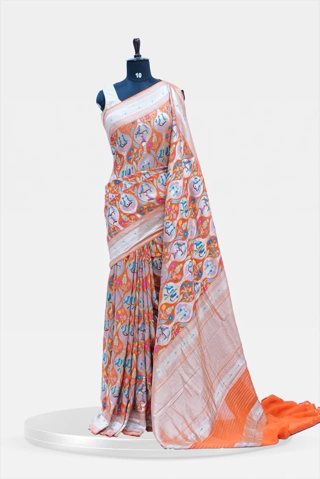 Georgette Meenakari Orange-Pink withTraditional Motifs QS248746