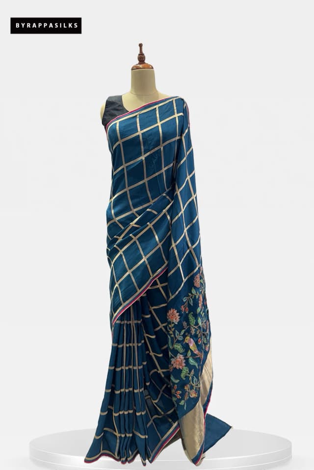 Teal Blue Saree Zari Checks & Floral Border QS287929
