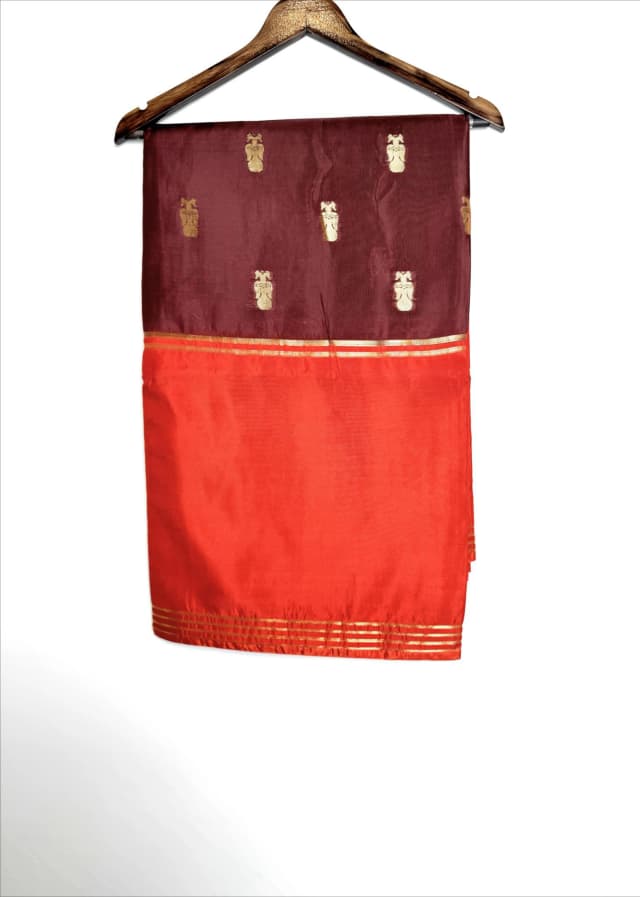 Viscose Crape With Gandaberunda Buttas Rich Maroon & Orange Saree with Gold Zari Work QW202978