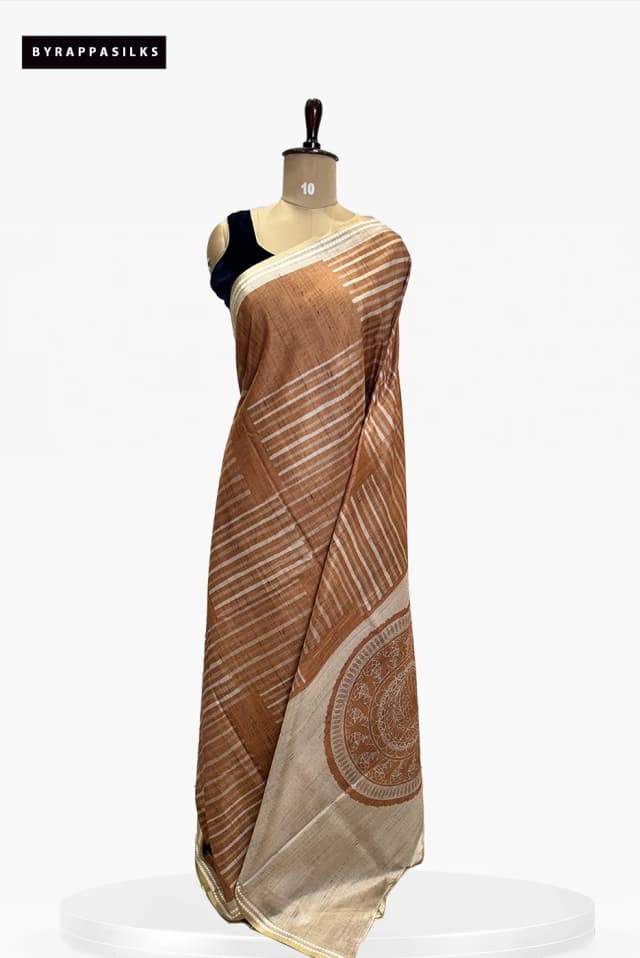 Semi Tussar Saree Diagonal Strip Design Beige QS267818
