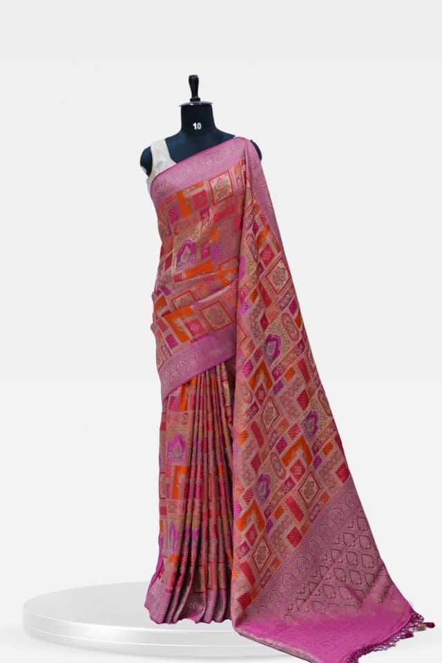 Munga Vibrant Pink & Orange Banarasi Silk Saree with Inticate Weaving QS239075