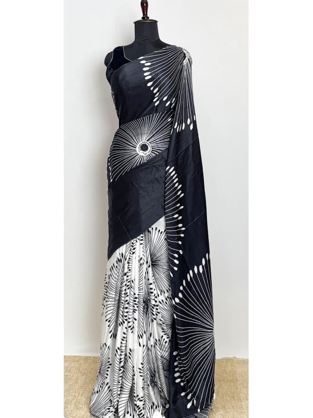 Satin Printed Aditya Birla Fabric  - White & Black Colour - QS213587