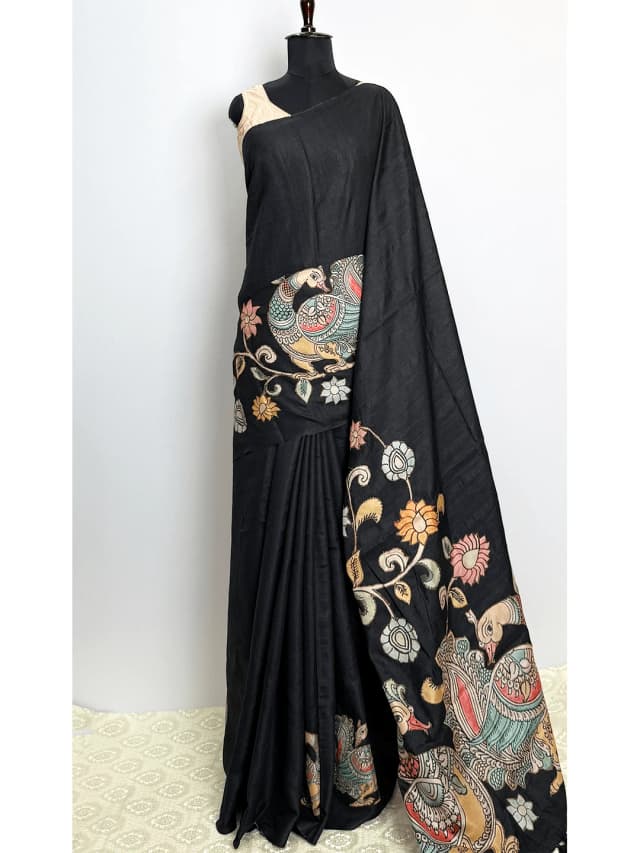 Tussar Aplic Printed Sare - Black Colour - QS242943