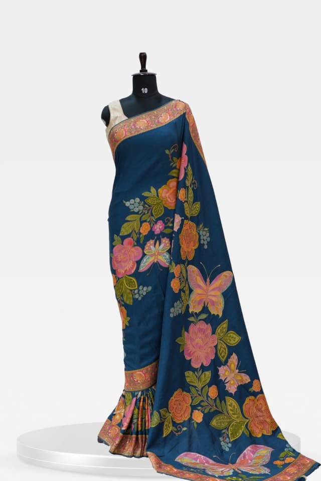 Pashmina Butterfly Motif Banarasi Blue Floral Print Silk Saree  QS242264