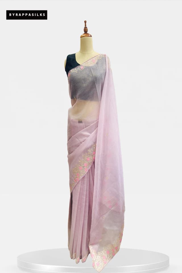 Crushed Organza Dusty Pink Saree Floral Design QS290778