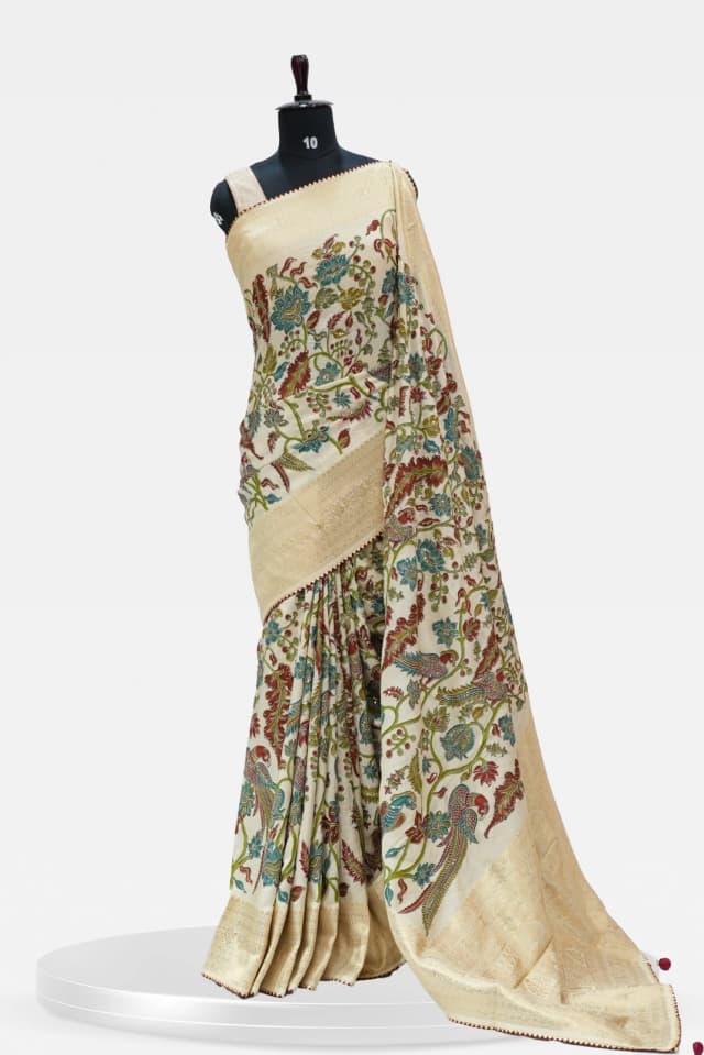 Fancy Banarasi Cream Saree with Golden Zari & Multicolor Floral Bird Design QS237762