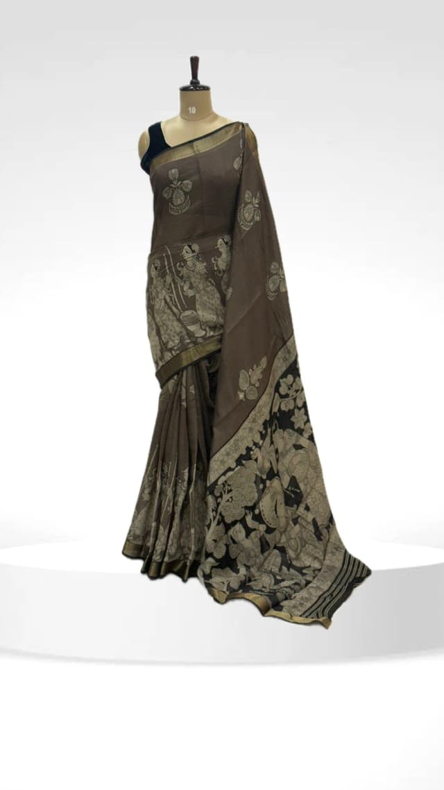 Kalamkari Grey Silk Saree with Traditional Mythological Motifs QS249284