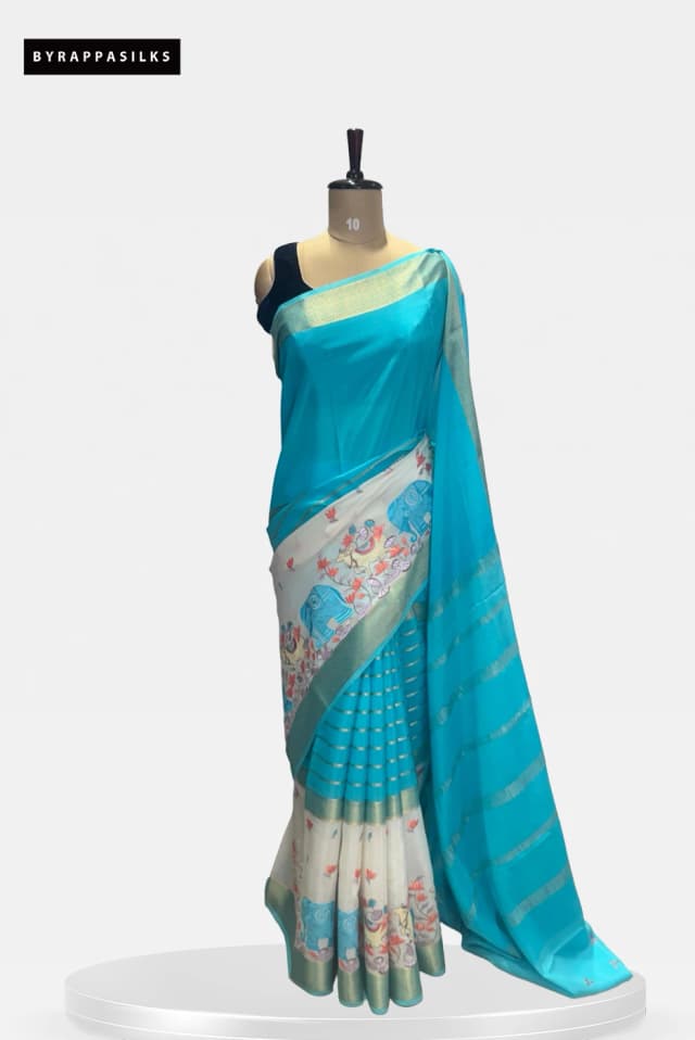 Pure Mysore Silk Saree Blue & Off-White QS284400