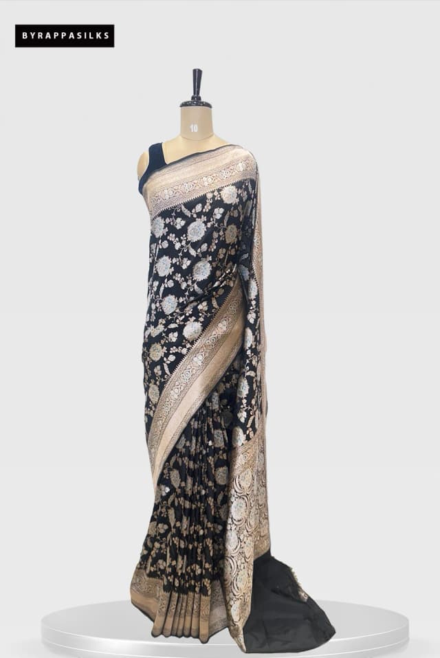 Pure Banaras saree With Gold Zari Floral Work Black Colour QS280545