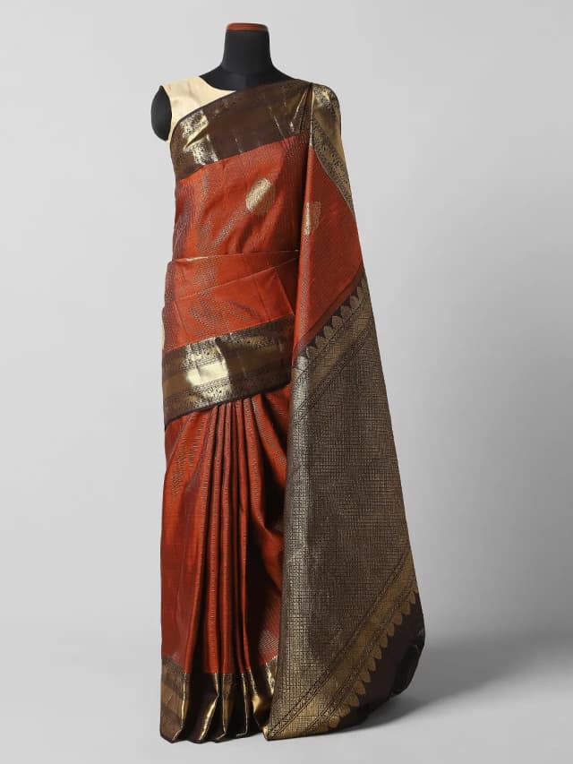 Kanchevaram 1Gm Gold saree -Reddish Orange Colour QA254668