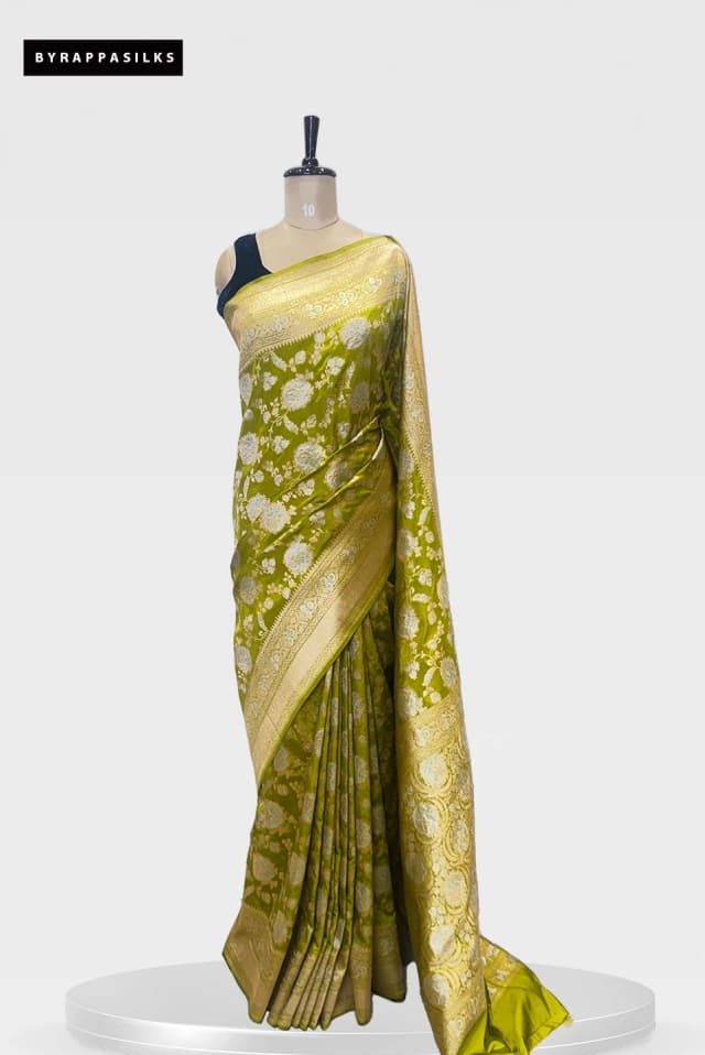 Pure Banaras saree With Gold Zari Floral Work Olive Green Colour QS280544
