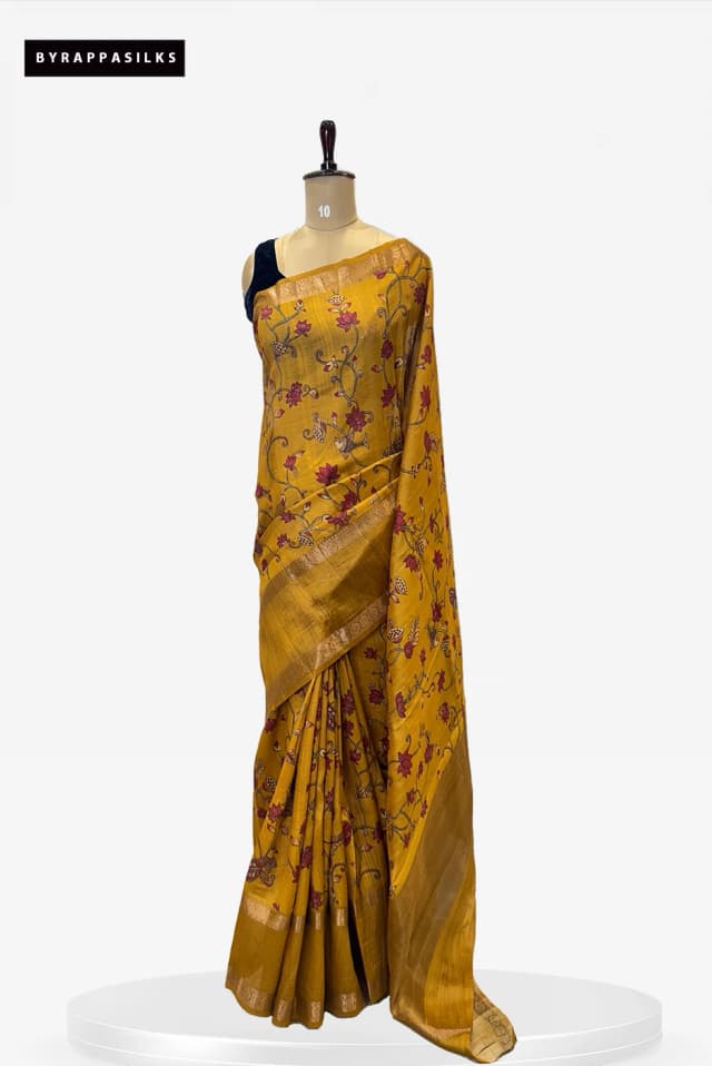 Pure Tussar Saree Yellow With Floral Print QS276338