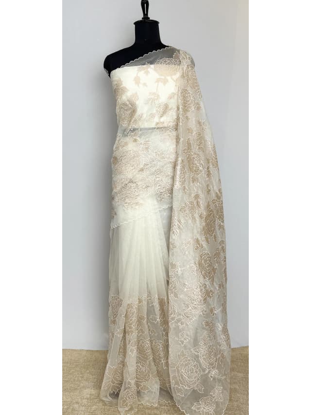 Floral Organza Saree With Aplic Work - White Colour - QS212142