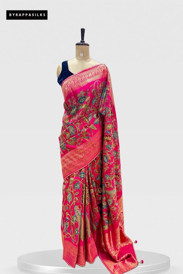 Fancy Banarasi Pink Saree with Golden Zari & Multicolor Floral Bird Design QS254511