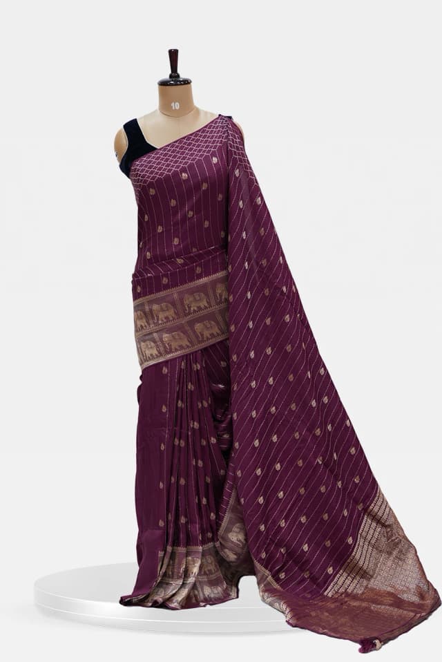 Maroon Banarasi Silk Saree with Golden Zari Border QS253420