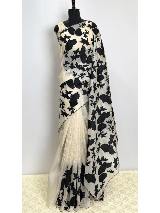 Pure Organza Sarees - White With Black Work - QS217380