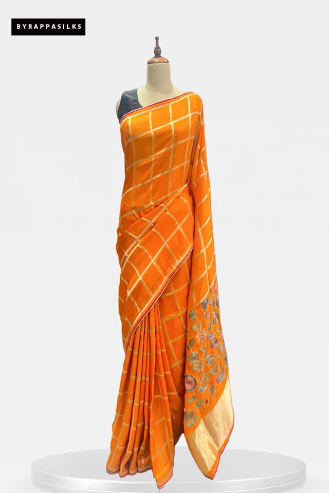Orange Blue Saree Zari Checks & Floral Border QS287941