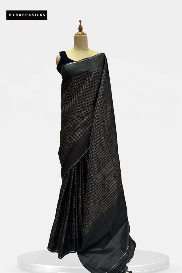 Semi Tussar Saree with Contrast Woven Check  Black QS268002