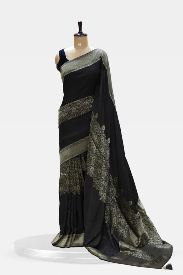 Black Banarasi Meenakari Silk Saree with Antique Zari Weave QS253748