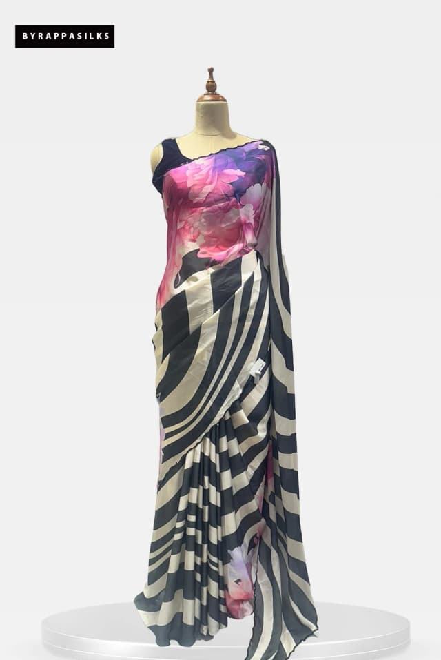 Satin Saree With Black & White Stripes with Pink Flower Print QS286634