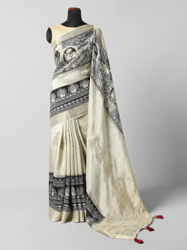 Crape Printed Sarees - Cream With Black Border colour QI202214