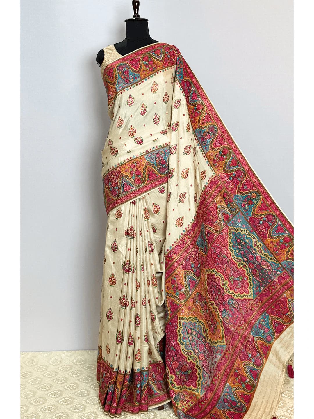 Pashmina Printed Banarasi Crape saree - Cream Colour - QS210543