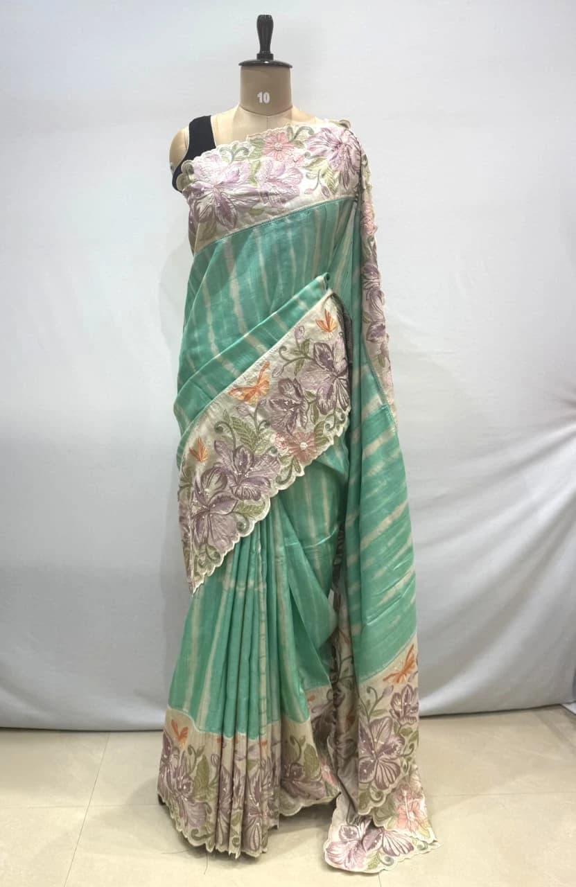 Tusser saree with sibori dyeing  Green Colour QS286754