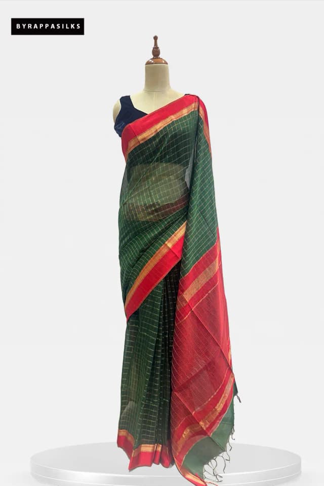 Maheshwari Cotton Saree With Checks Green QS294630