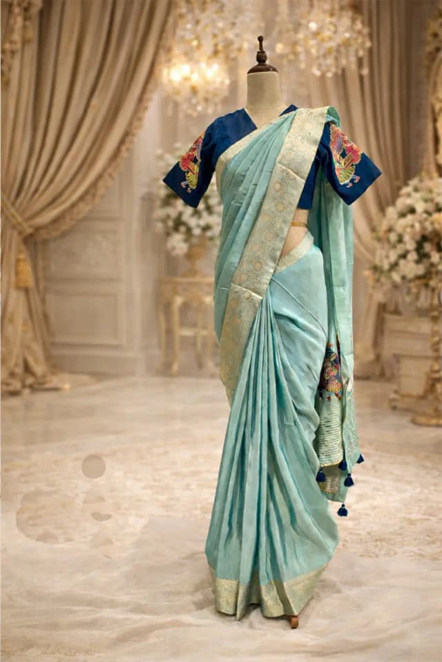 Tissue Saree Sea Green With Ready Blouse QW207752