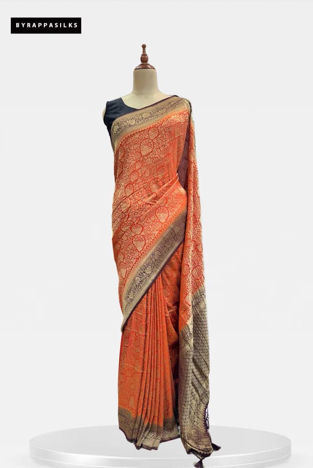 Khaddhi Georgette Saree Orang & Brown Border QW208396er