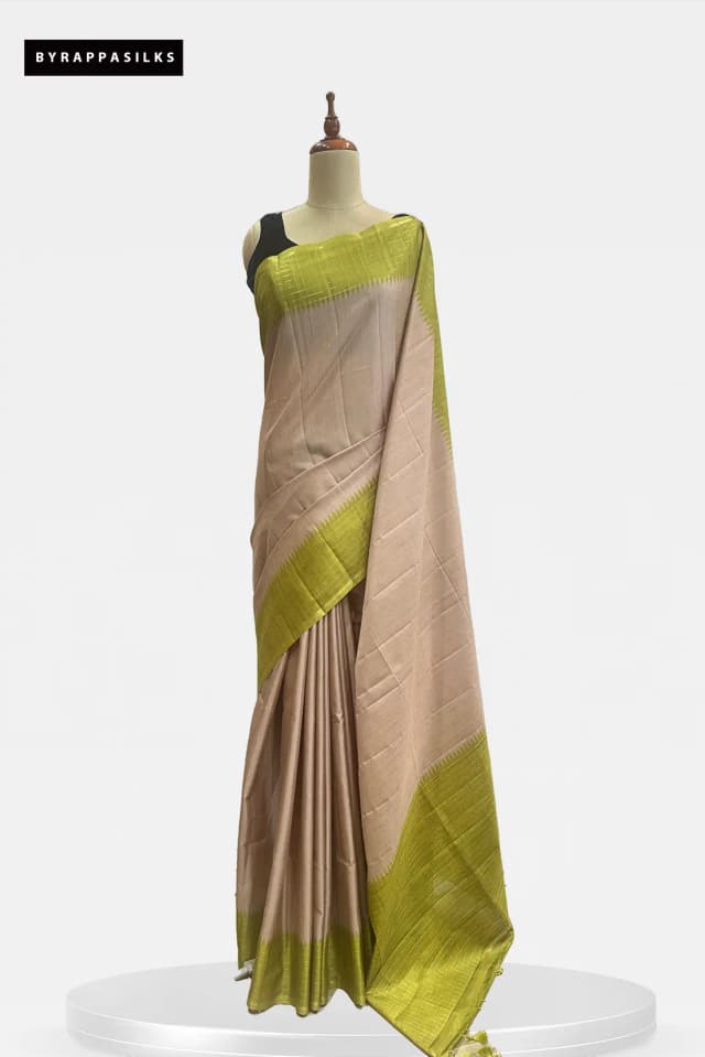 Semi Tussar Saree Beige & Olive Green Border QS299451