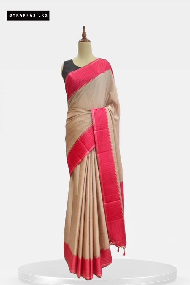 Semi Tussar Saree Beige & Rani Pink Border QS299451