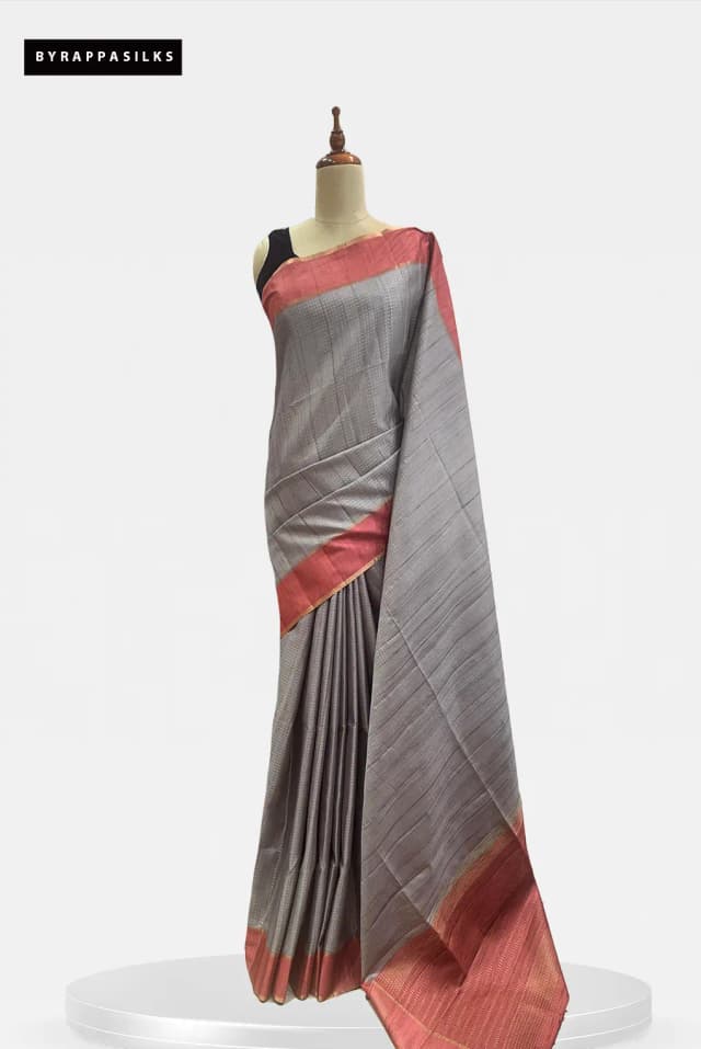 Semi Tussar Saree Silver Grey & Coral Red Border QS299406