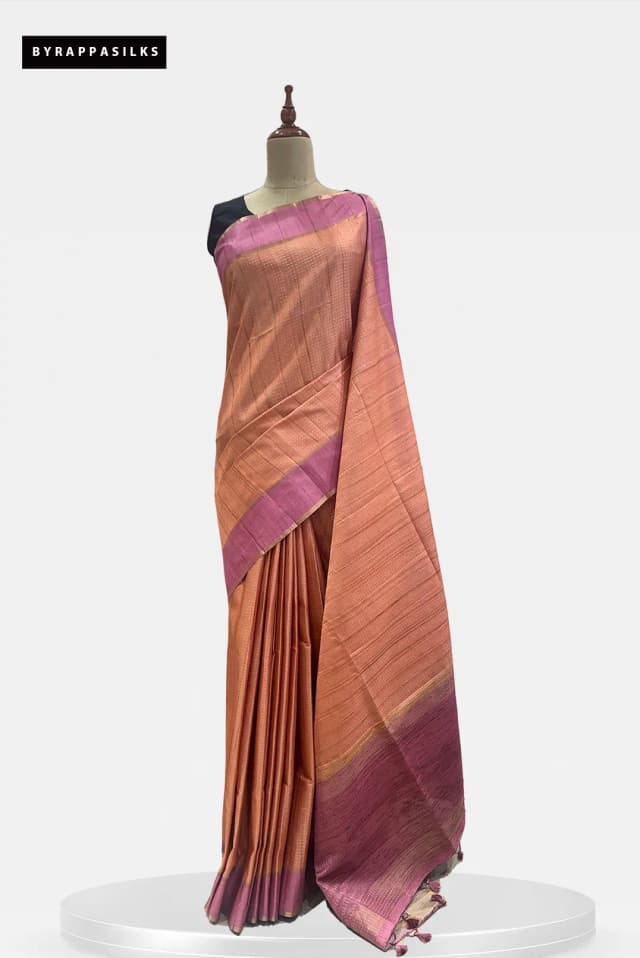 Semi Tussar Saree Elegant Peach & Blush Pink Border QS299395
