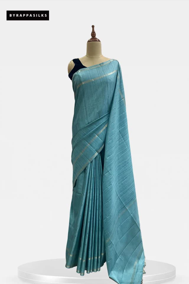 Semi Tussar Saree Teal blue colour QS299441