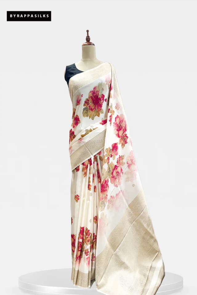 Printed Saree with Zari Pallu White QS301725