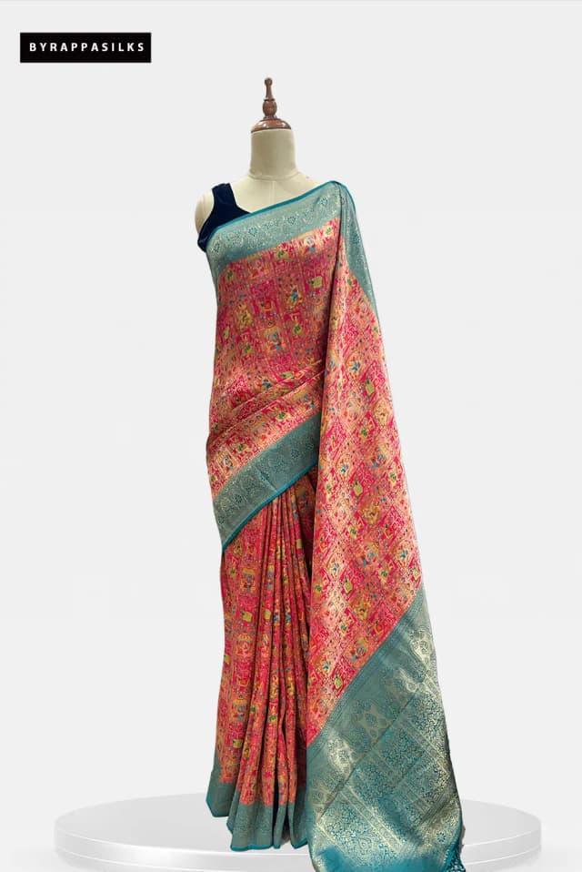 Position Print Pink & Teal Banarasi Saree QS302107