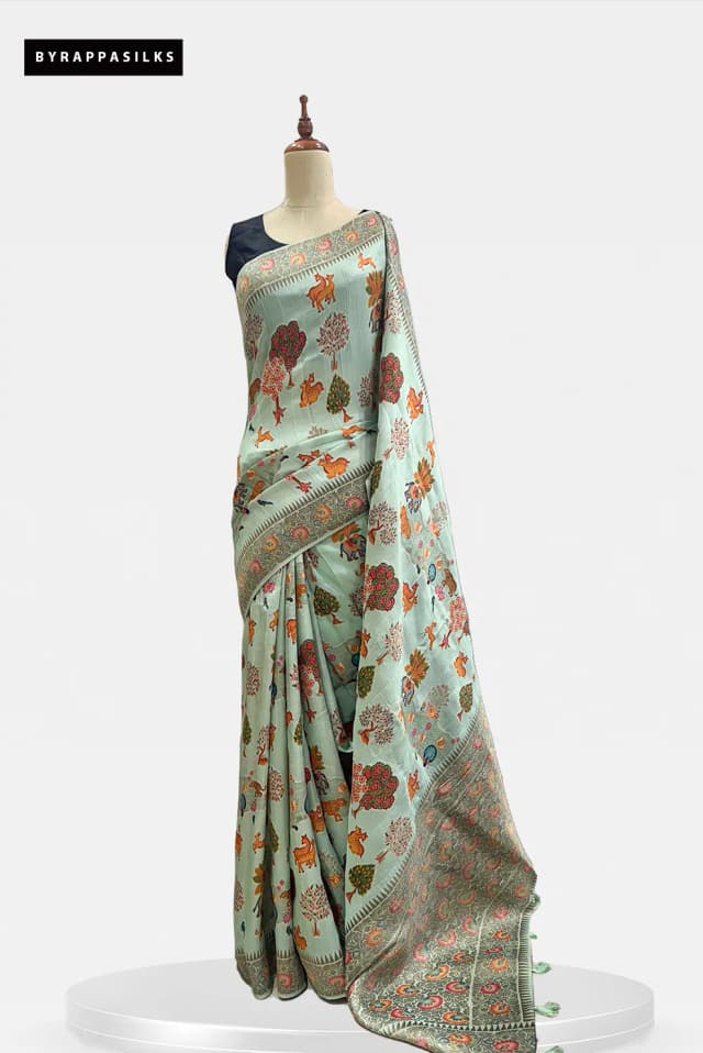 Semi Tussar Saree Sea Green Traditional Forest Motifs QS301387