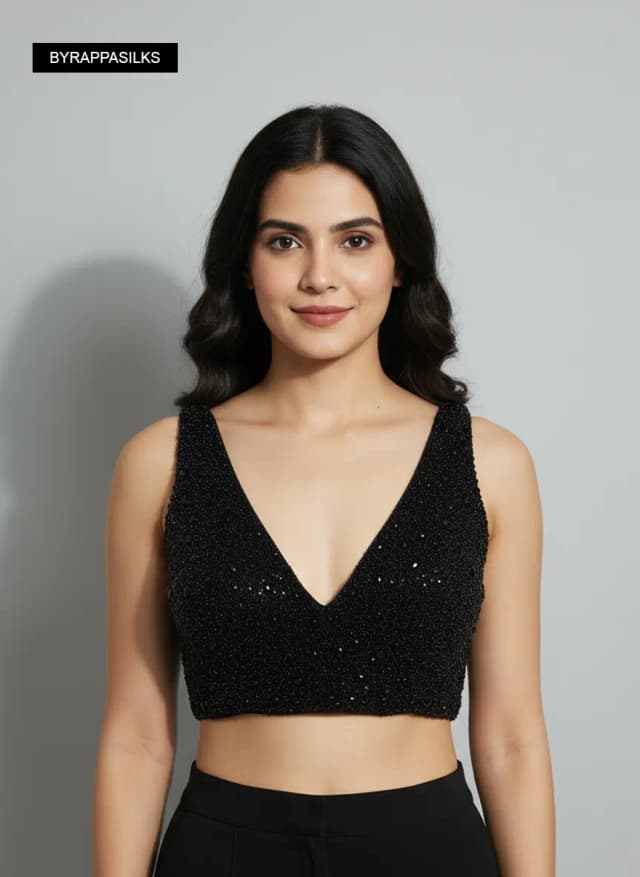 Ready Blouse Midnight Black Heavily Embellished V-neck Sleevless Blouse QS290248