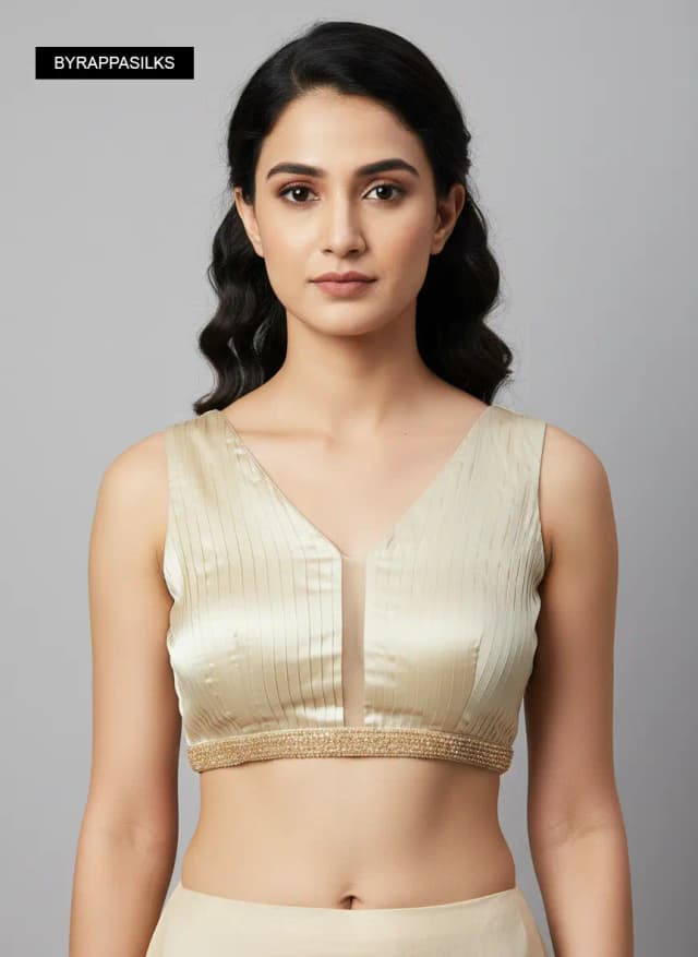 Ready Blouse Champagne Gold Pleated V-Neck Designer Blouse With Pearl-Bead Trim QS290230