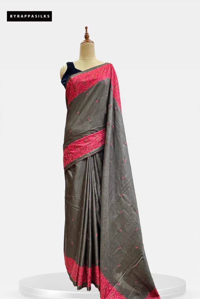Semi Tussar Saree With Embroidery Border Charcoal Grey Colour QS315053